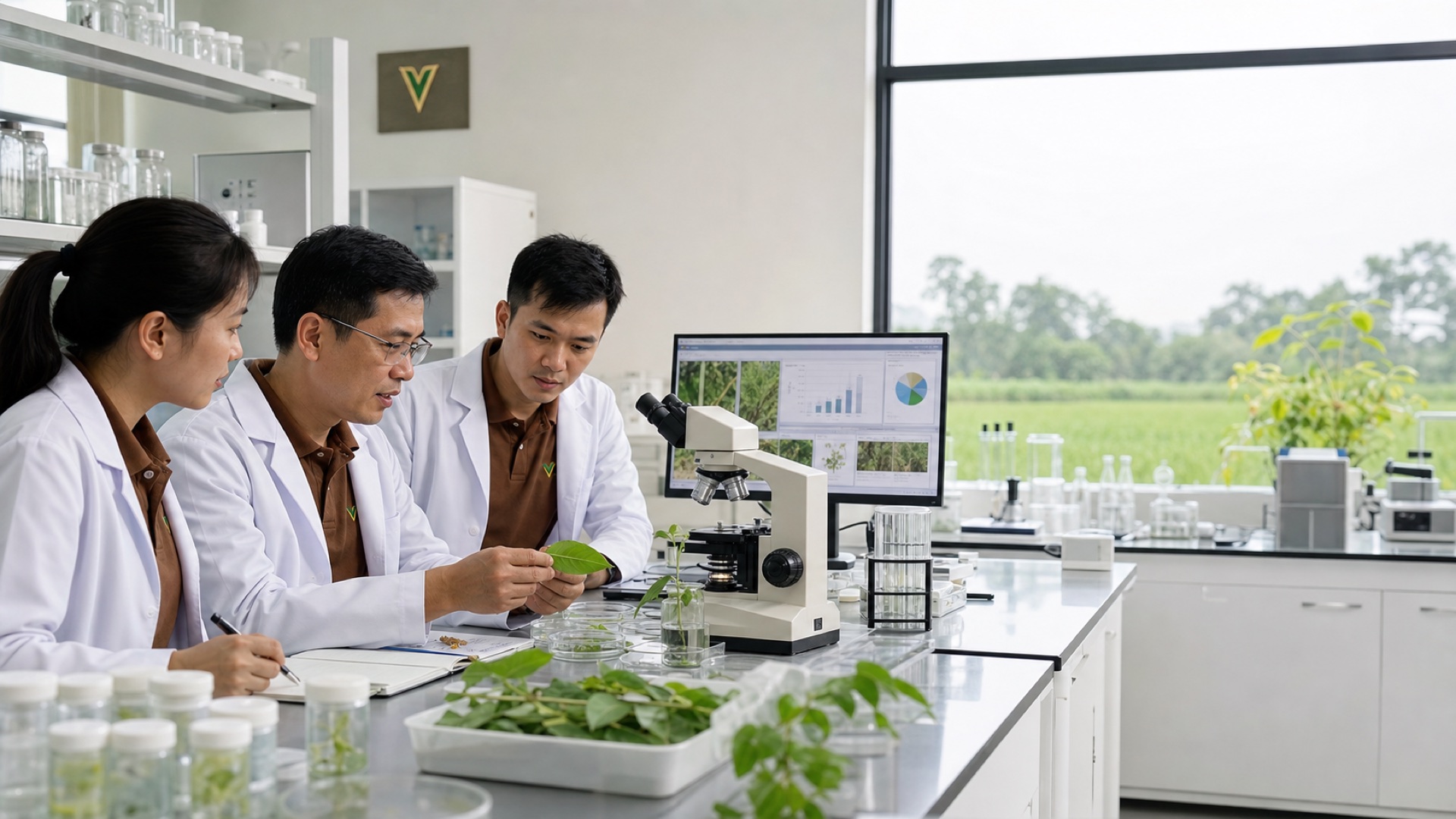 Đội ngũ Lạc Việt phân tích mẫu cây trồng trong phòng nghiên cứu