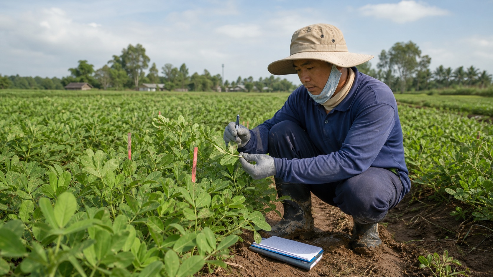 Người nông dân kiểm tra mặt dưới lá và ghi nhận sâu hại trên ruộng lạc