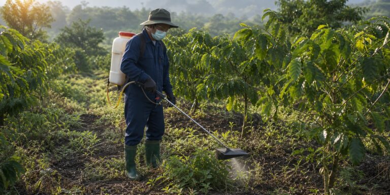 Người nông dân mặc bảo hộ phun thấp và có tấm chắn trong vườn cà phê