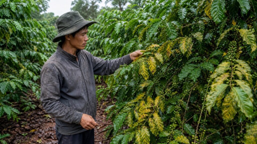 Nông dân kiểm tra cây cà phê vàng lá sau mưa kéo dài