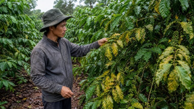 Nông dân kiểm tra cây cà phê vàng lá sau mưa kéo dài
