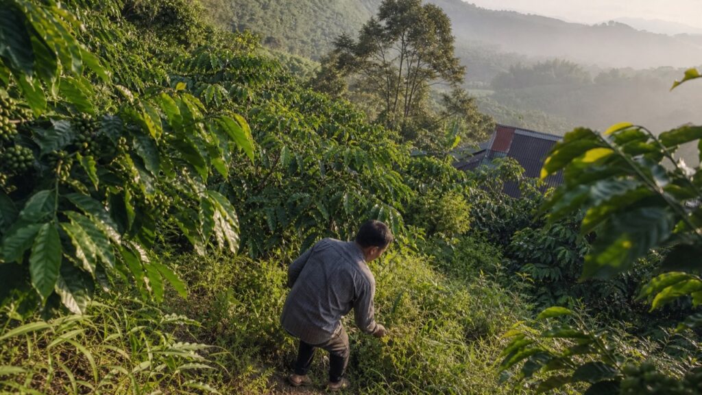 Nông dân kiểm tra cỏ giữa vườn cà phê vào sáng sớm