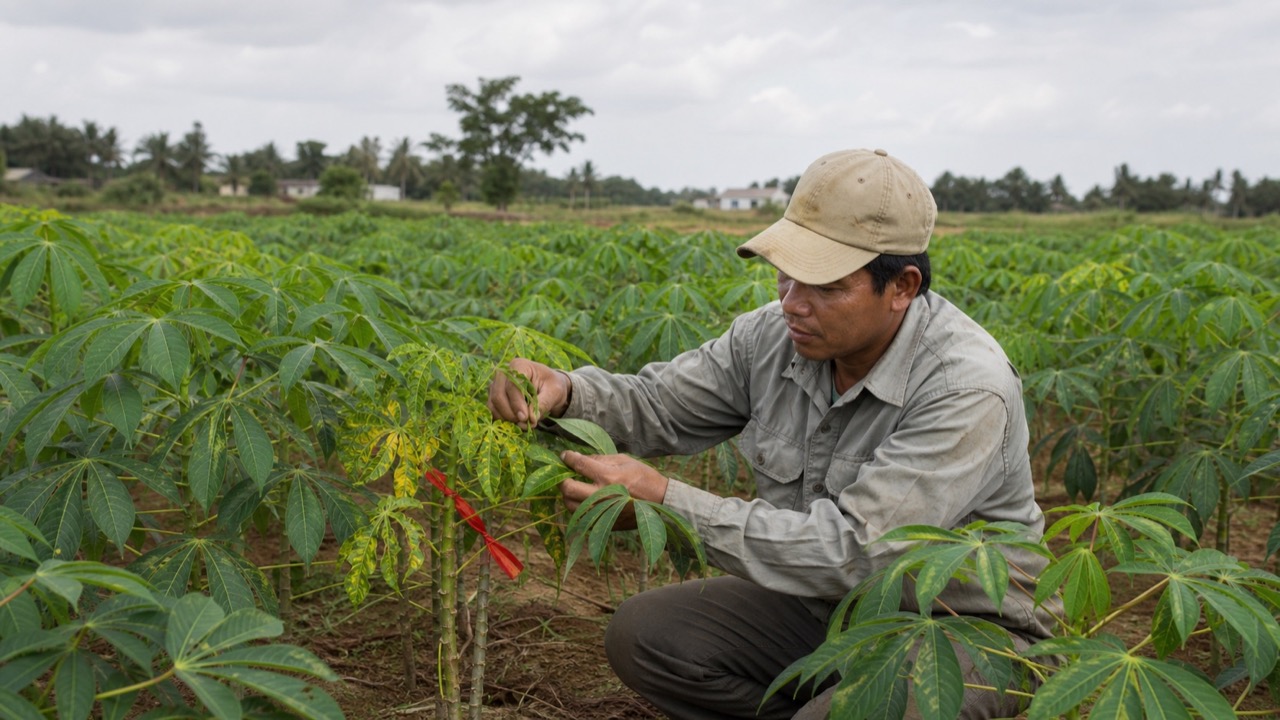 Đánh dấu cây sắn nghi nhiễm để khoanh vùng và kiểm tra ruộng