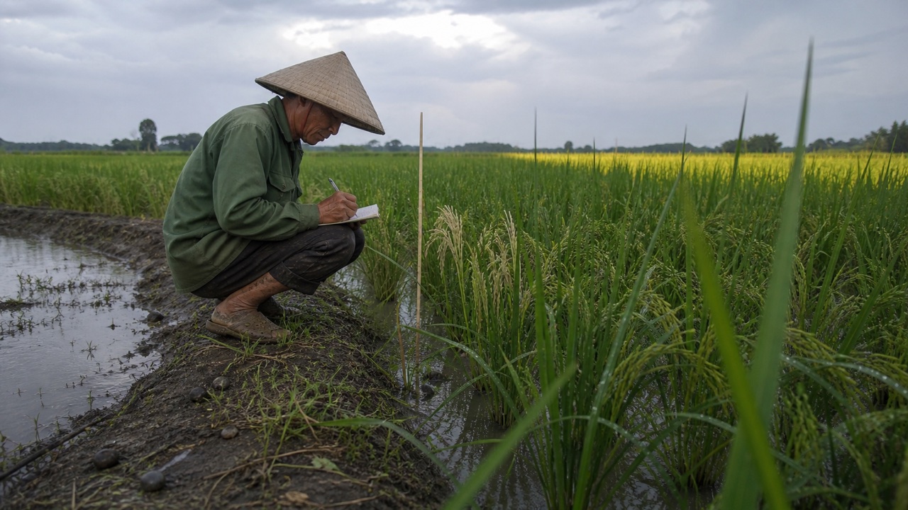 Nông dân dùng que tre đánh dấu điểm theo dõi bông lúa bạc