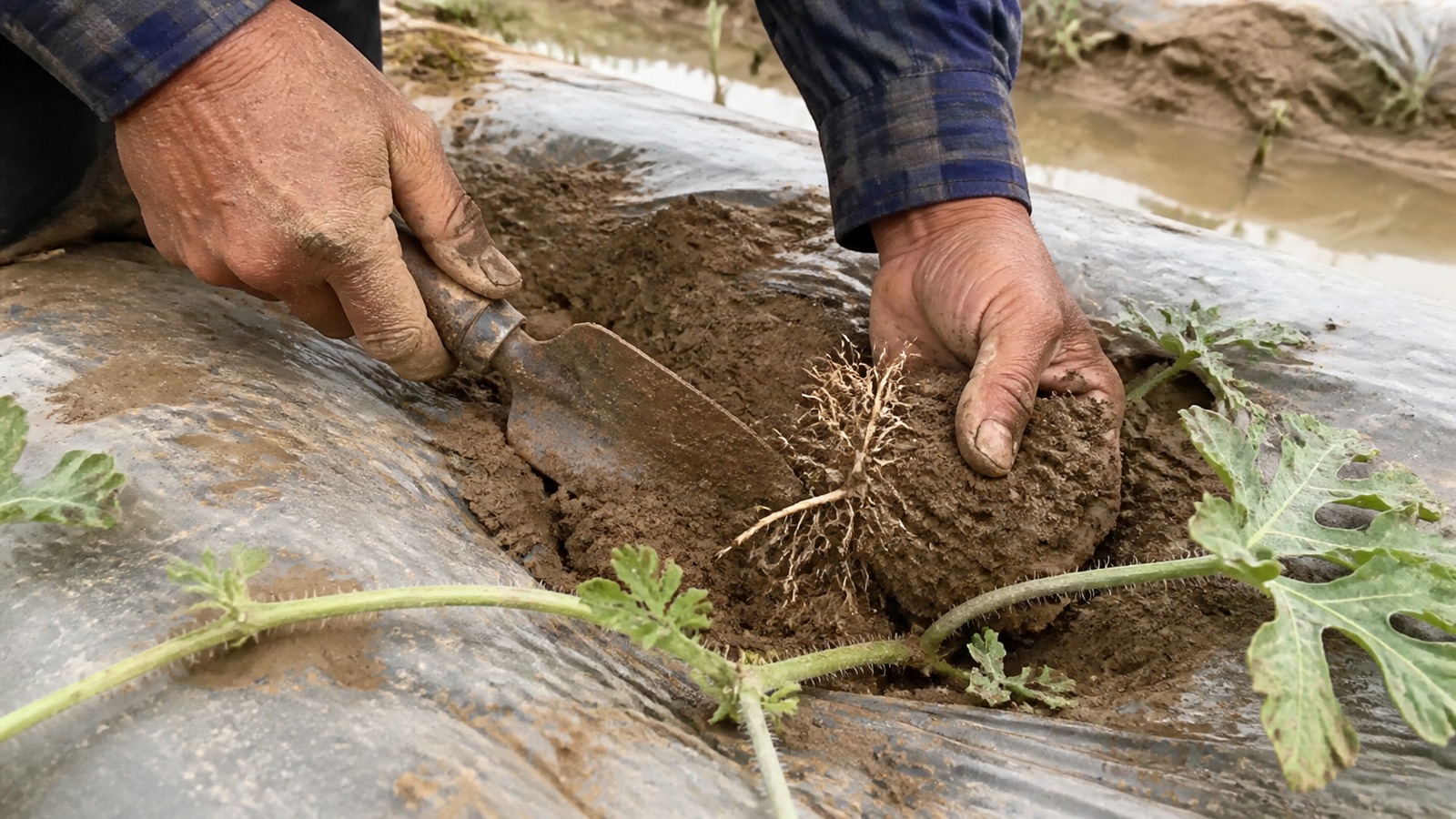 Bàn tay đào nhẹ một bên bầu rễ dưa hấu bị héo