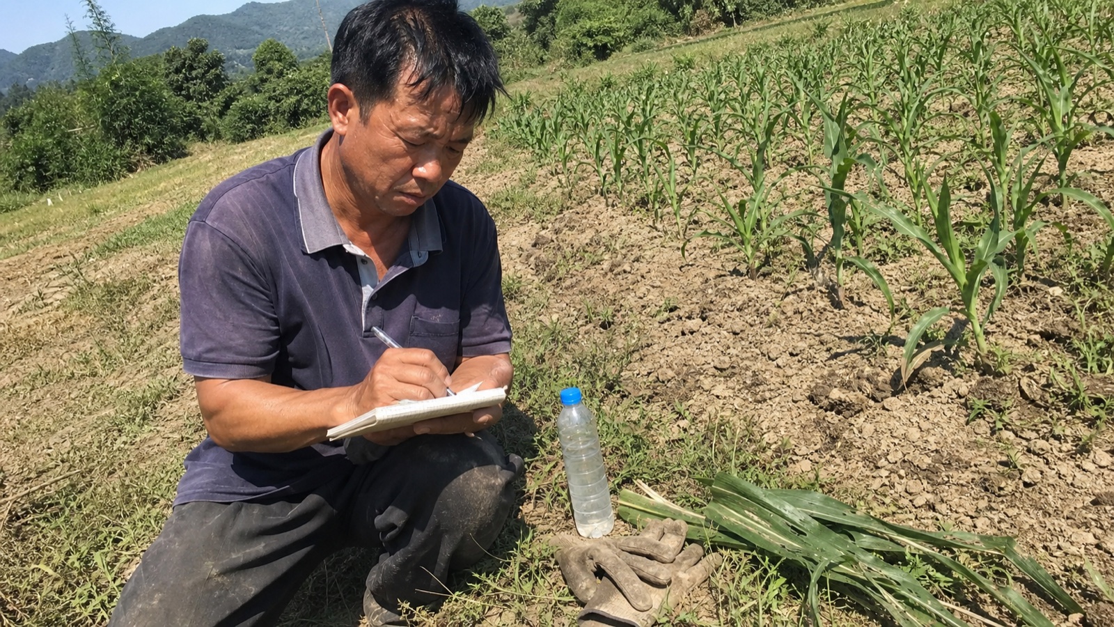 Nông dân ghi số cây ngô non có vết trắng và lỗ thủng
