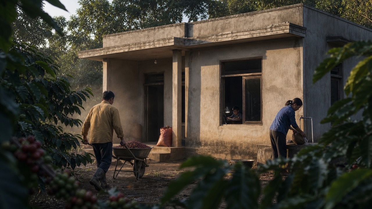 Gia đình làm việc bên ngôi nhà mái bằng và vườn cà phê sau nhiều mùa