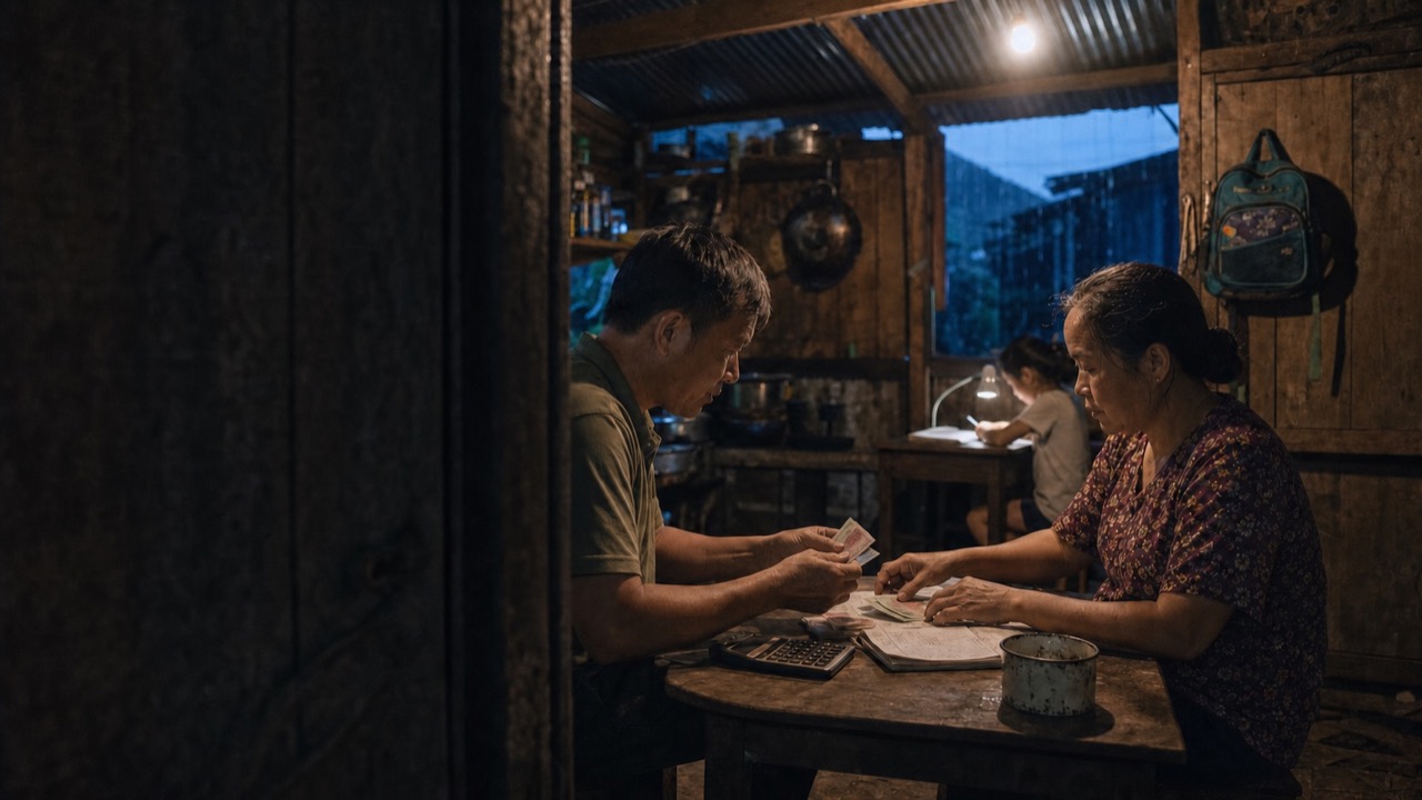 Vợ chồng nông hộ tính chi phí làm cỏ trong căn nhà cũ vào buổi tối mưa