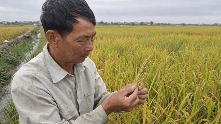 Bác Mạnh kiểm tra hạt lúa bị đen lép cuối vụ