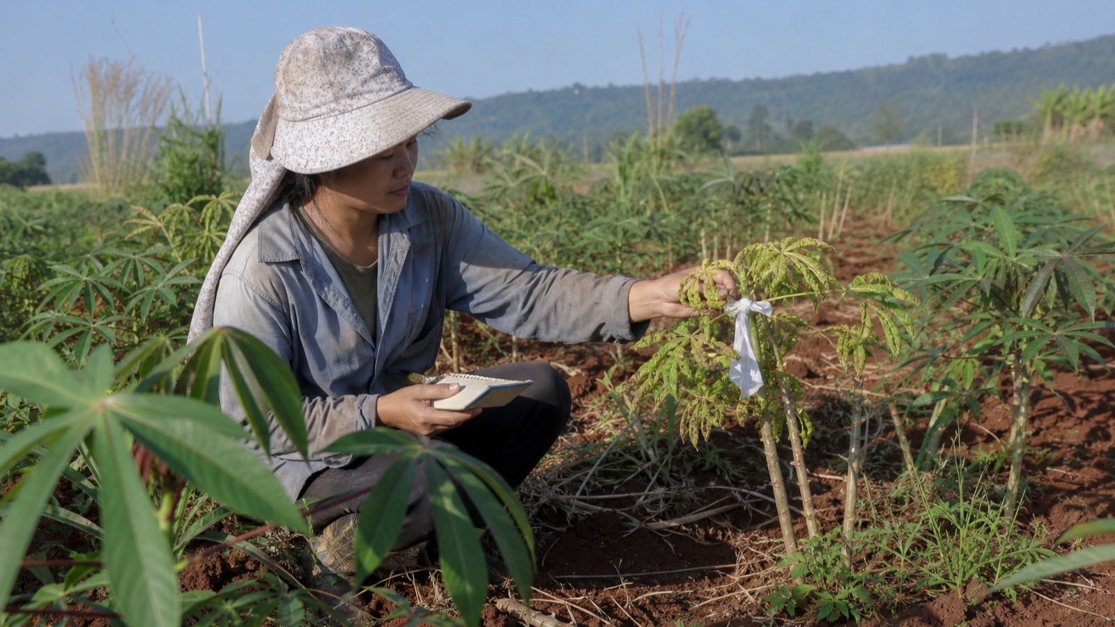 Người dân kiểm tra hàng sắn non và đánh dấu cây nghi bệnh khảm lá