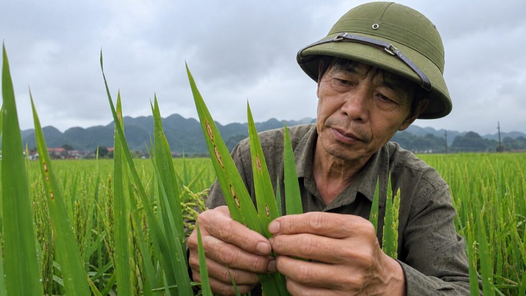 Nông dân kiểm tra lá lúa có vết hình thoi ngoài ruộng