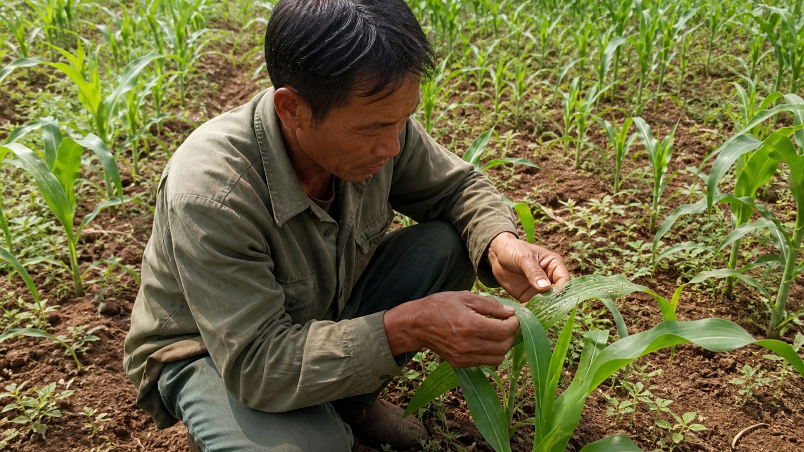 Anh Thành kiểm tra lá ngô có vết trắng như cửa sổ