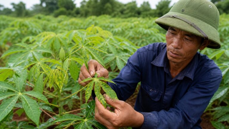 Nông dân kiểm tra lá sắn loang vàng và xoăn nhỏ