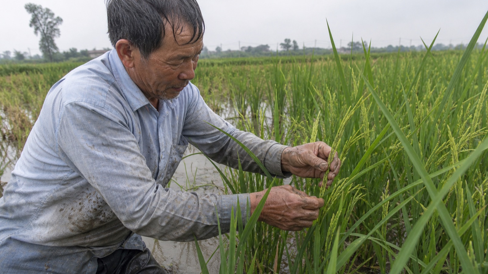 Người nông dân mở bẹ kiểm tra lúa trỗ không thoát và bẹ có vết nâu