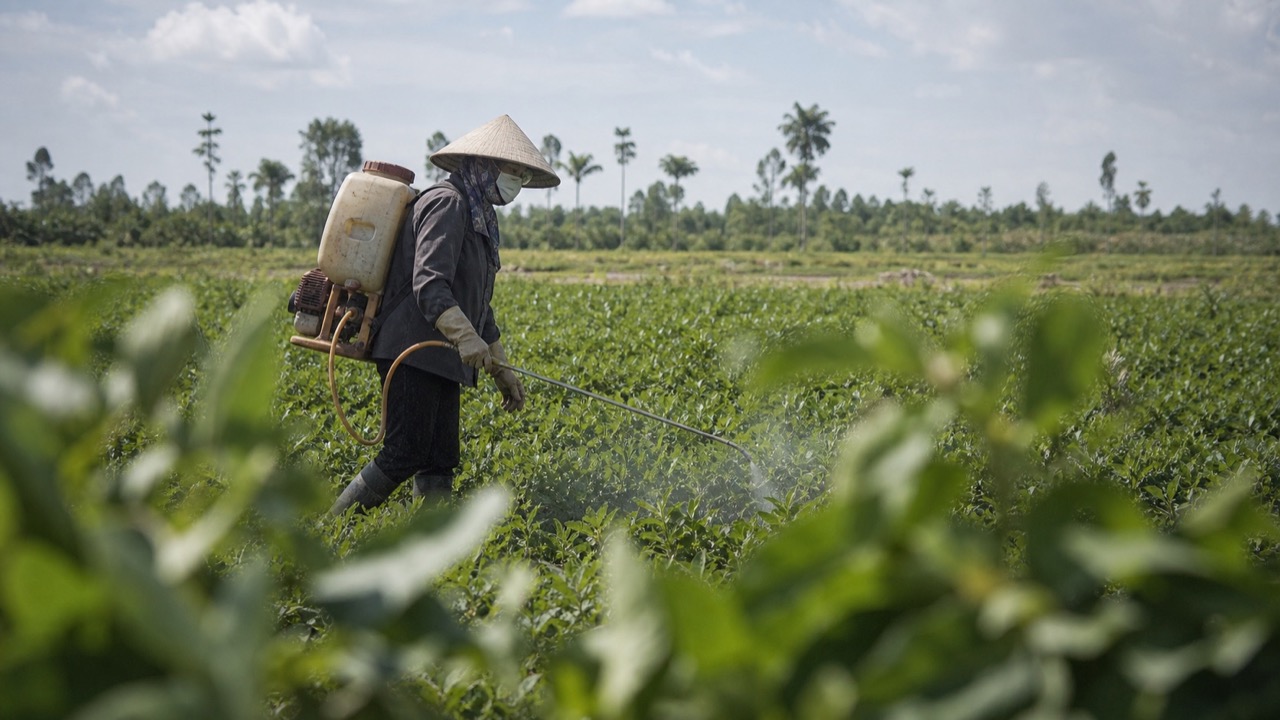 Góc chụp từ xa nông dân mặc bảo hộ phun ruộng lạc