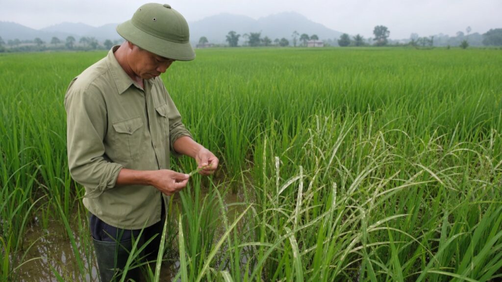 Nông dân kiểm tra ruộng lúa bị cuốn lá bạc trắng