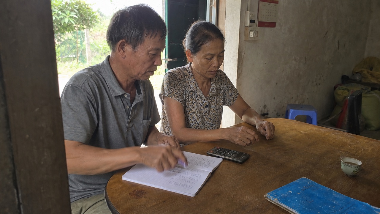 Vợ chồng nông dân xem sổ vật tư vụ lúa dưới hiên nhà