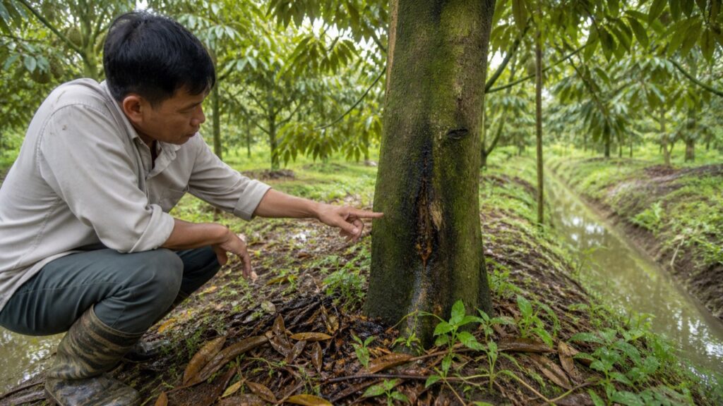 Chủ vườn kiểm tra thân sầu riêng chảy nhựa sau mưa