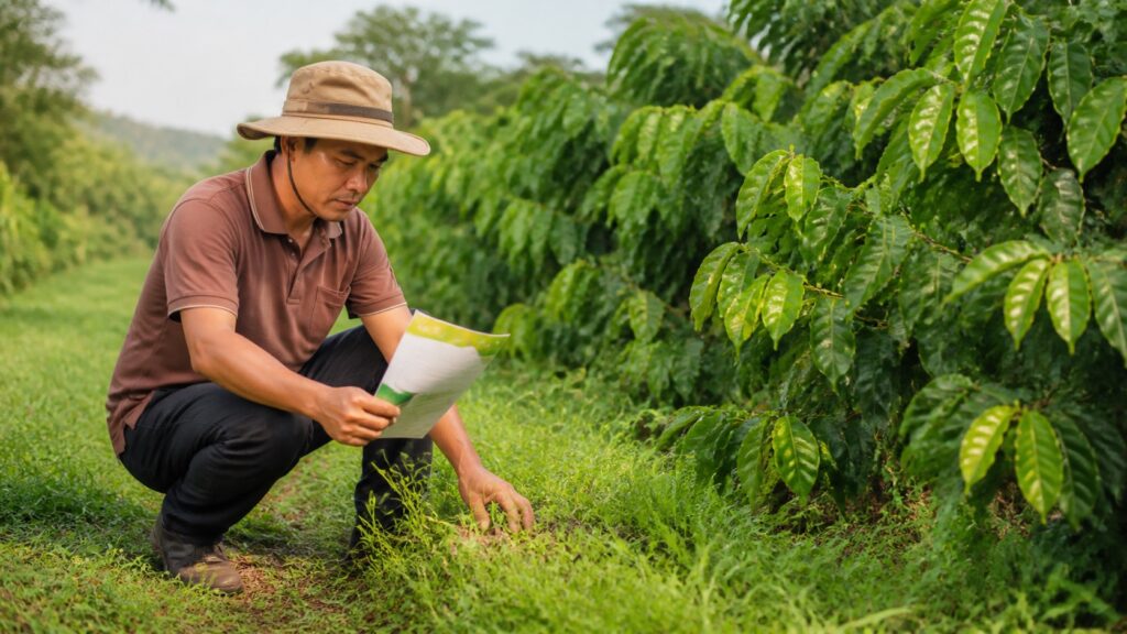 Người trồng kiểm tra cỏ dại cạnh cây trồng trước khi lựa chọn thuốc diệt cỏ