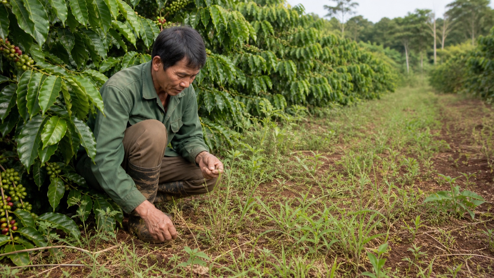 Người trồng kiểm tra cỏ trong vườn cà phê trước khi chọn thuốc trừ cỏ