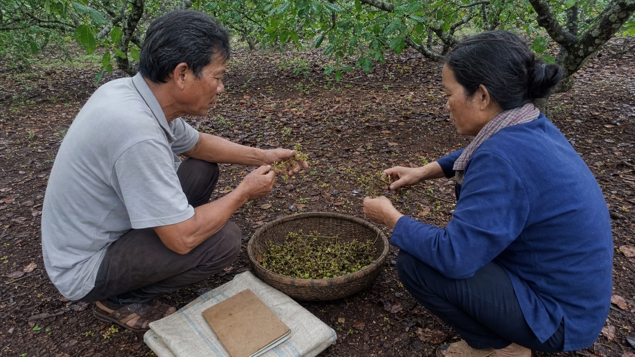 Vợ chồng nông dân xem bông điều khô rụng sau mưa