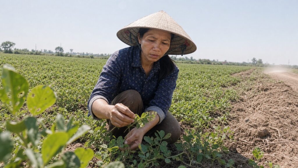 Nông dân kiểm tra ruộng lạc bị sâu khoang ăn lá dưới nắng trưa