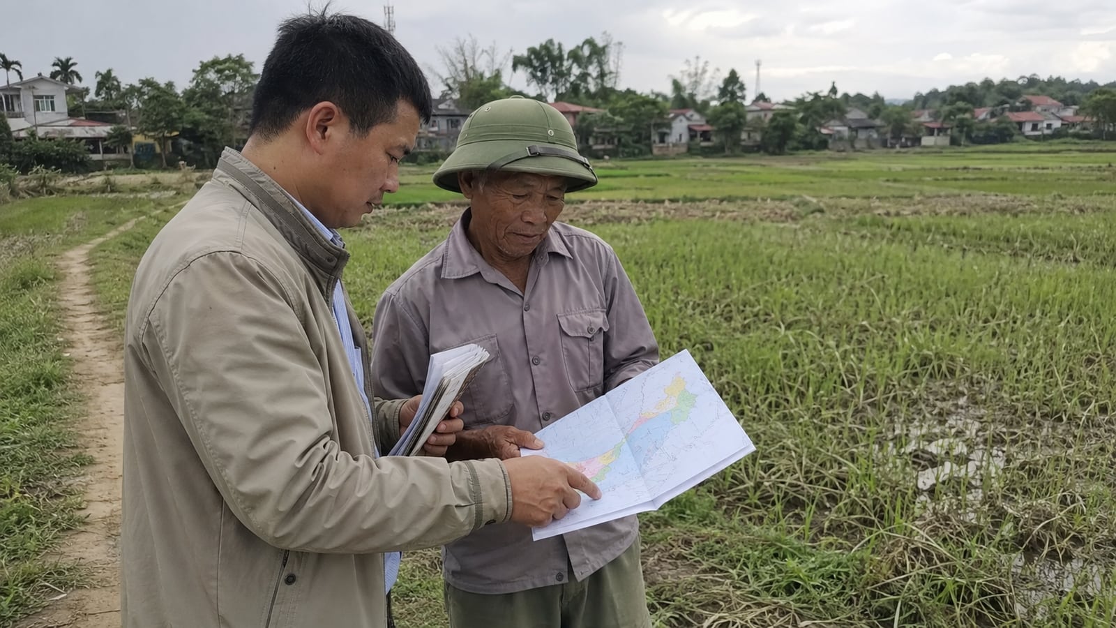 Cán bộ kỹ thuật và nông dân xem bản đồ dịch hại cây trồng Việt Nam ngoài đồng
