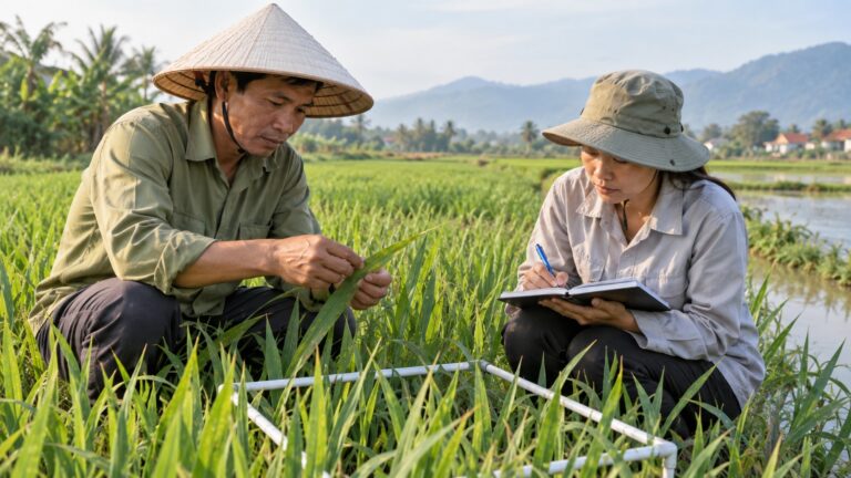 Kỹ thuật viên và nông dân đếm sâu hại theo ô mẫu ngoài đồng
