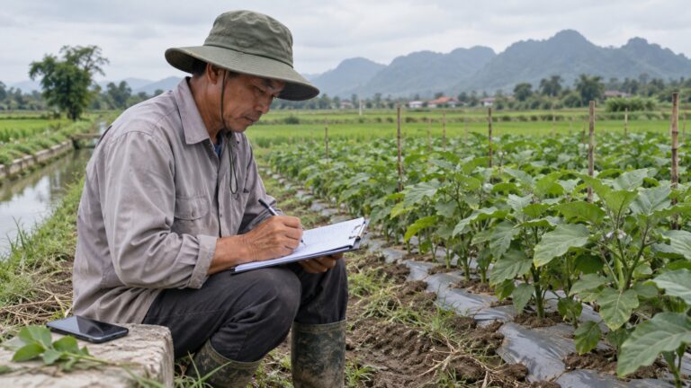 Nông dân ghi nhật ký sâu bệnh sau khi thăm đồng