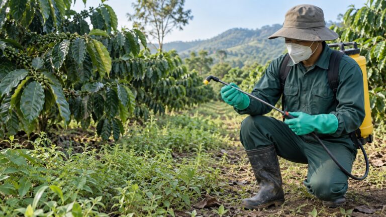 Người trồng mang đầy đủ bảo hộ kiểm tra vòi phun trong vườn cà phê
